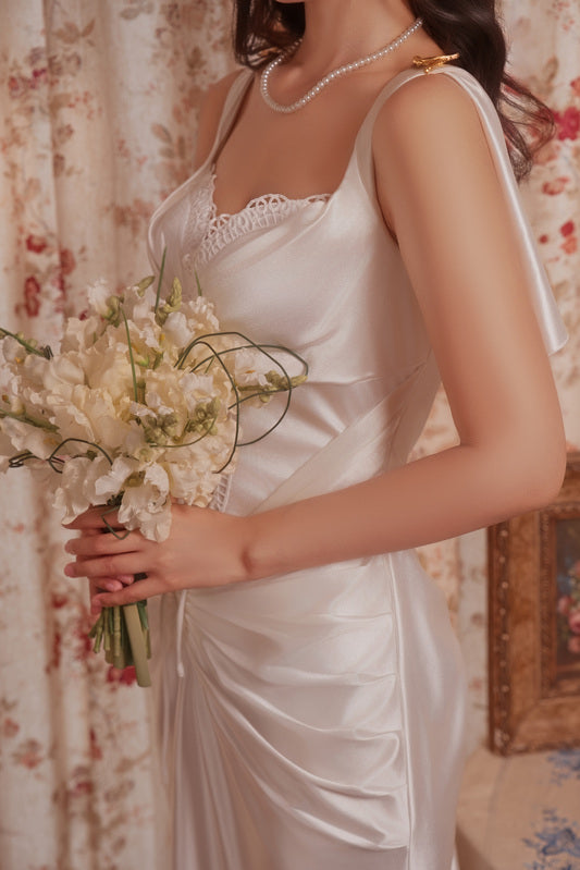 Retro Floral Curtain Backdrop Satin Evening Dress