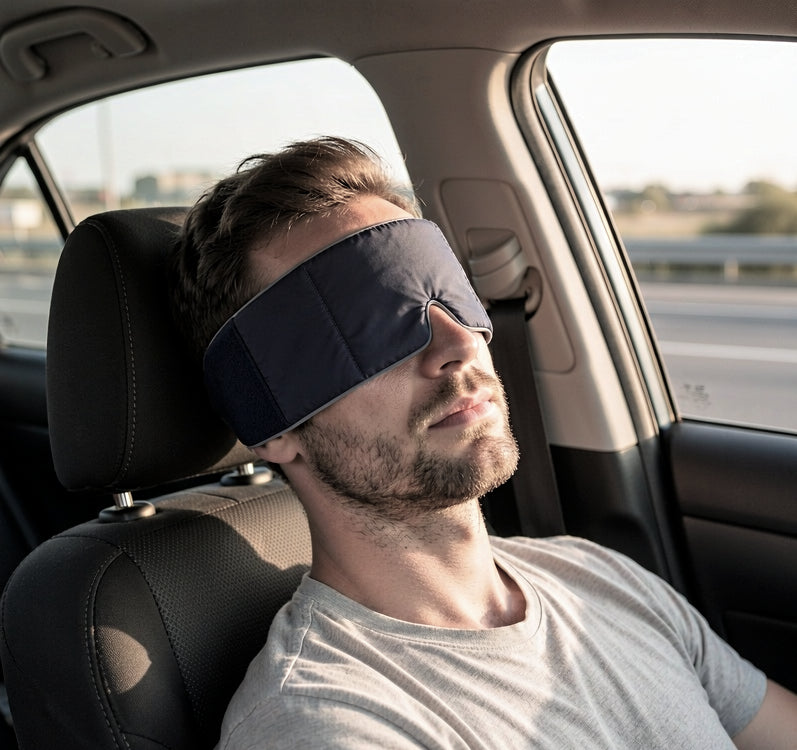 Customer wearing a CalmHug sleep mask