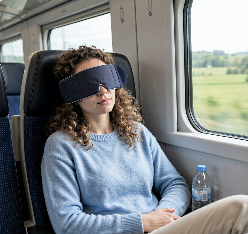 Customer wearing a CalmHug sleep mask